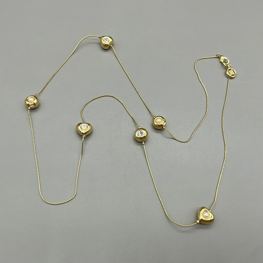 Vintage Givenchy Necklace Gold Tone Heart Faux Pearl Crystal Station 1980s 30